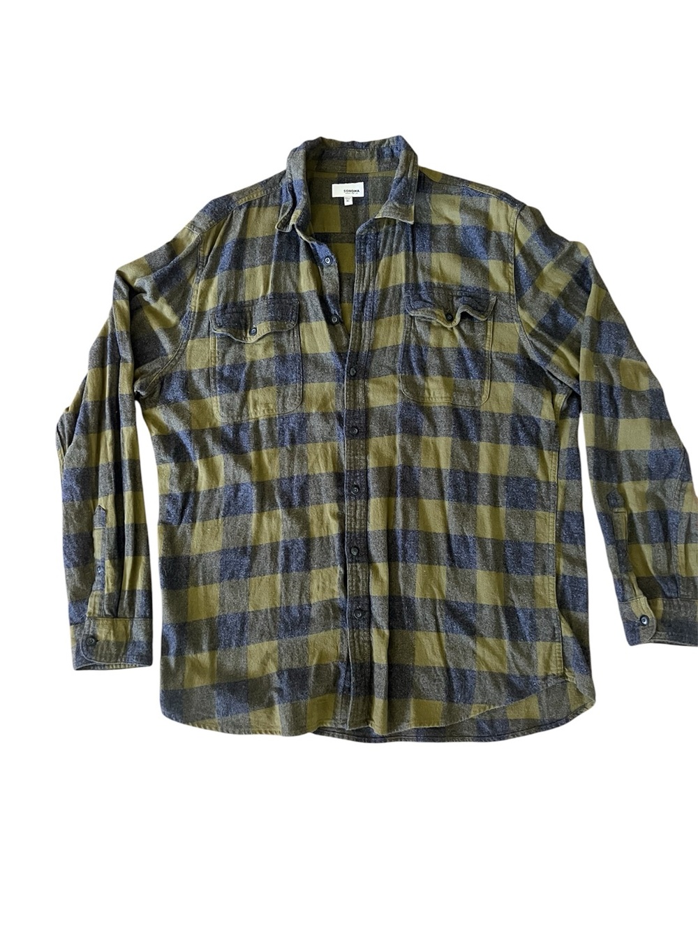 Sonoma Olive Green and Navy Plaid Casual Button-Down Shirt